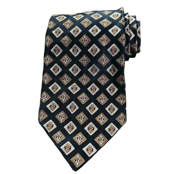 Saks Fifth Avenue Mens All 100% Silk Black Brown Neck Tie Paisley Diamond Print - Picture 1 of 11